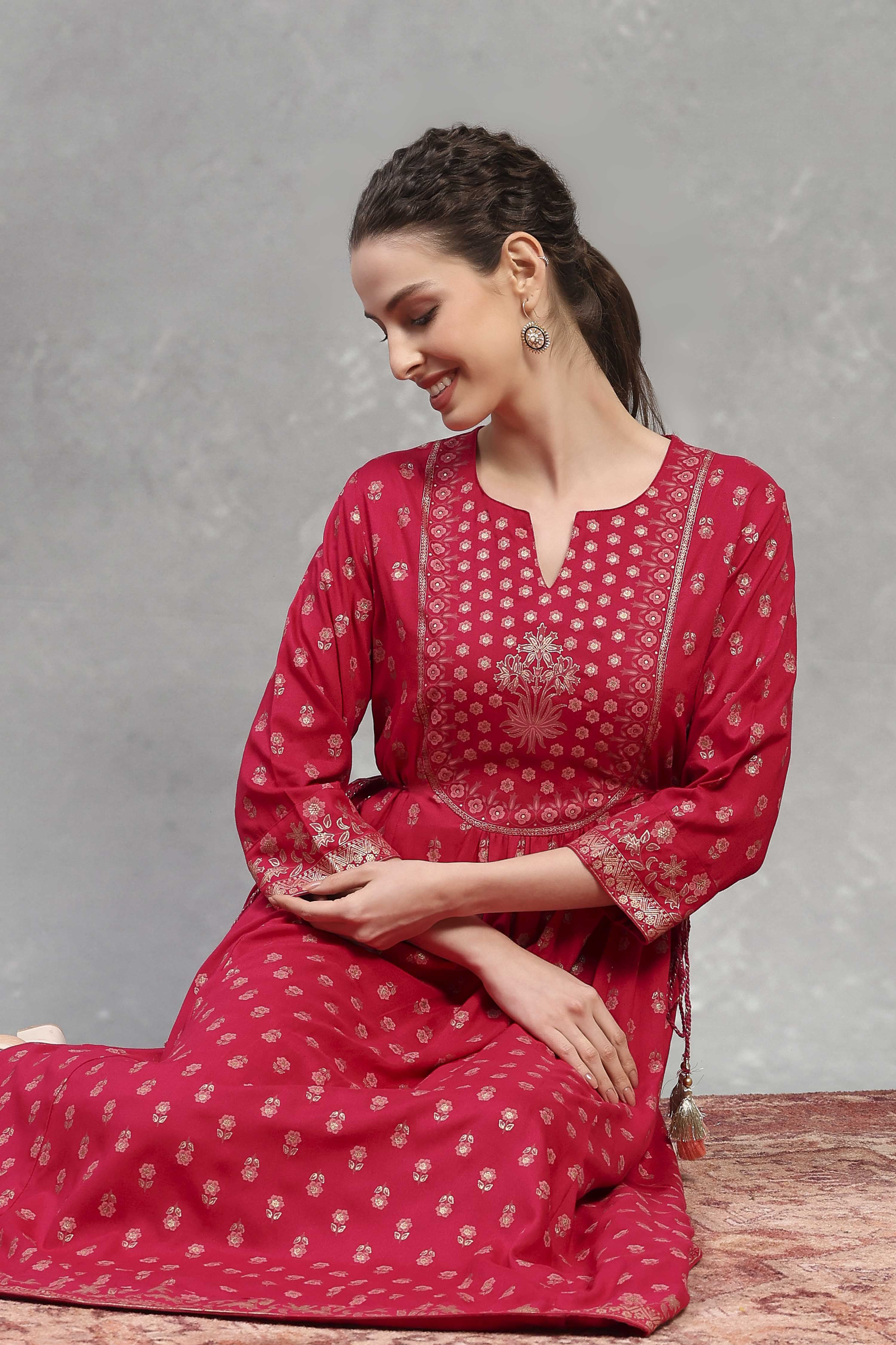 Pink Viscose Rayon Printed Flared Dress image number 0