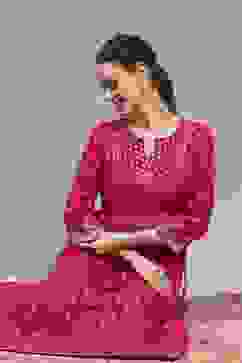 Pink Viscose Rayon Printed Flared Dress image number 0