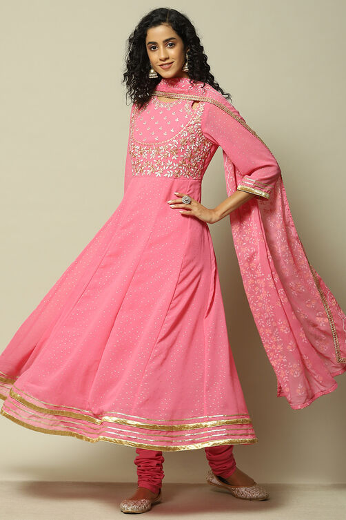 Pink Polyester Kalidar Printed Kurta Legging Suit Set image number 0