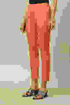 Peach Poplin Lycra Slim Solid Slim Pants image number 2