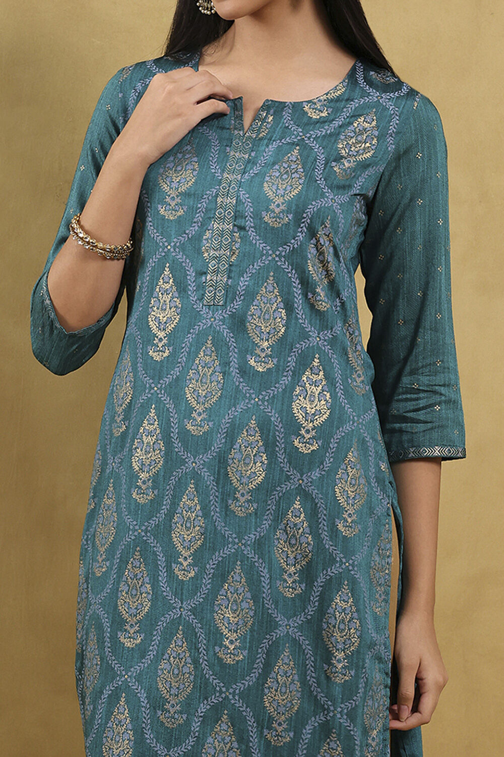 Teal Blue Printed Straight Kurta image number 0