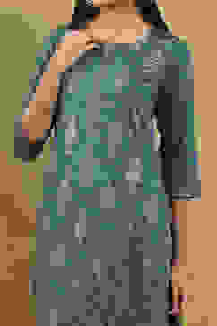 Teal Blue Printed Straight Kurta image number 0