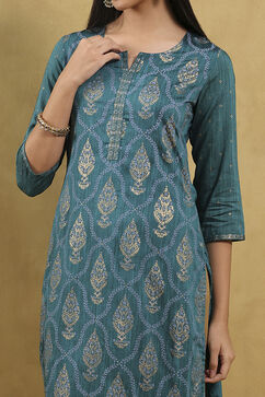 Teal Viscose Blend Printed Straight Kurta image number 0