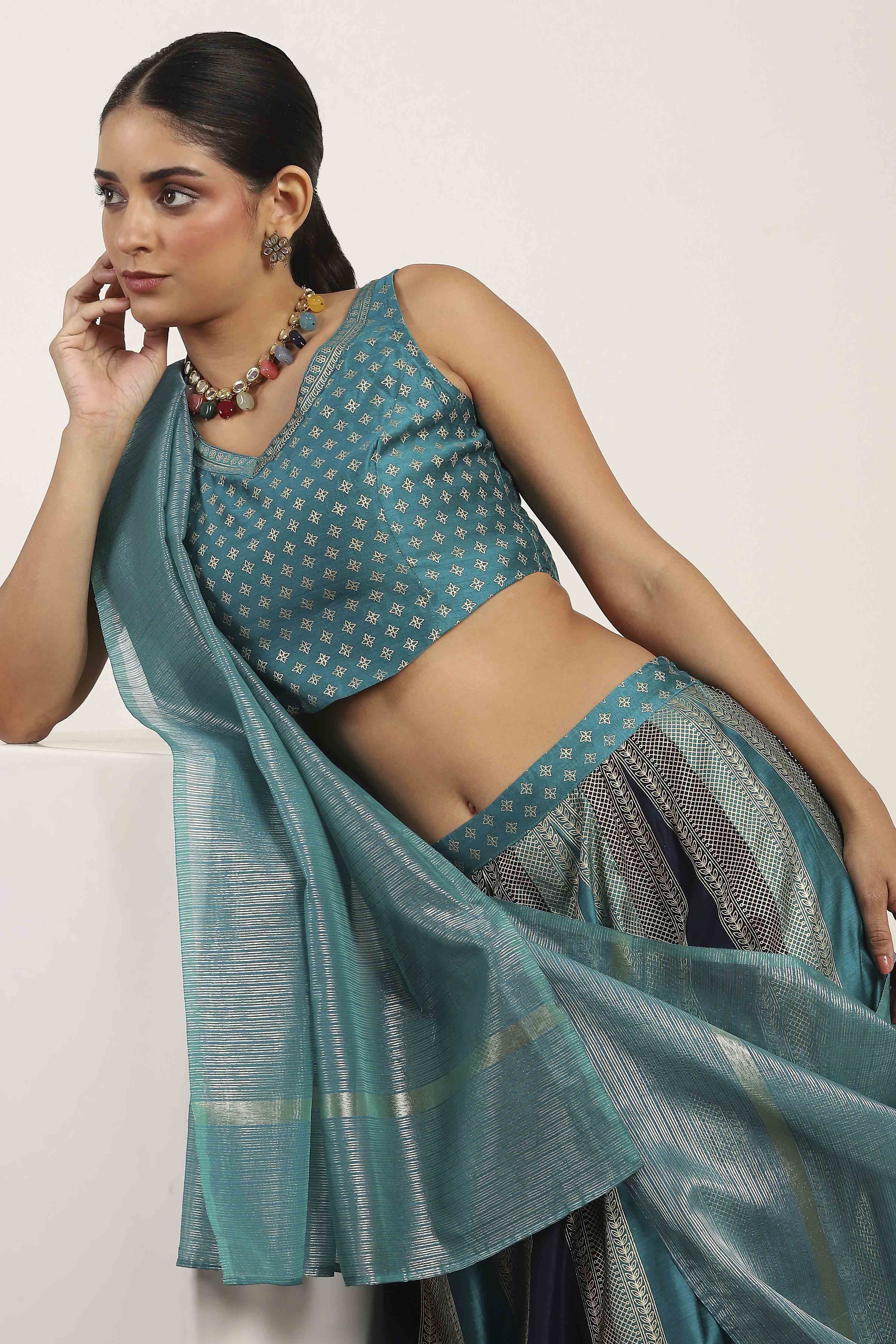 Teal Polyester Kalidar Lehenga Set image number 7