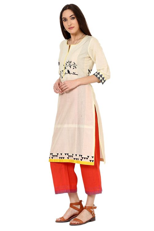 Beige Straight Cotton Kurta image number 2