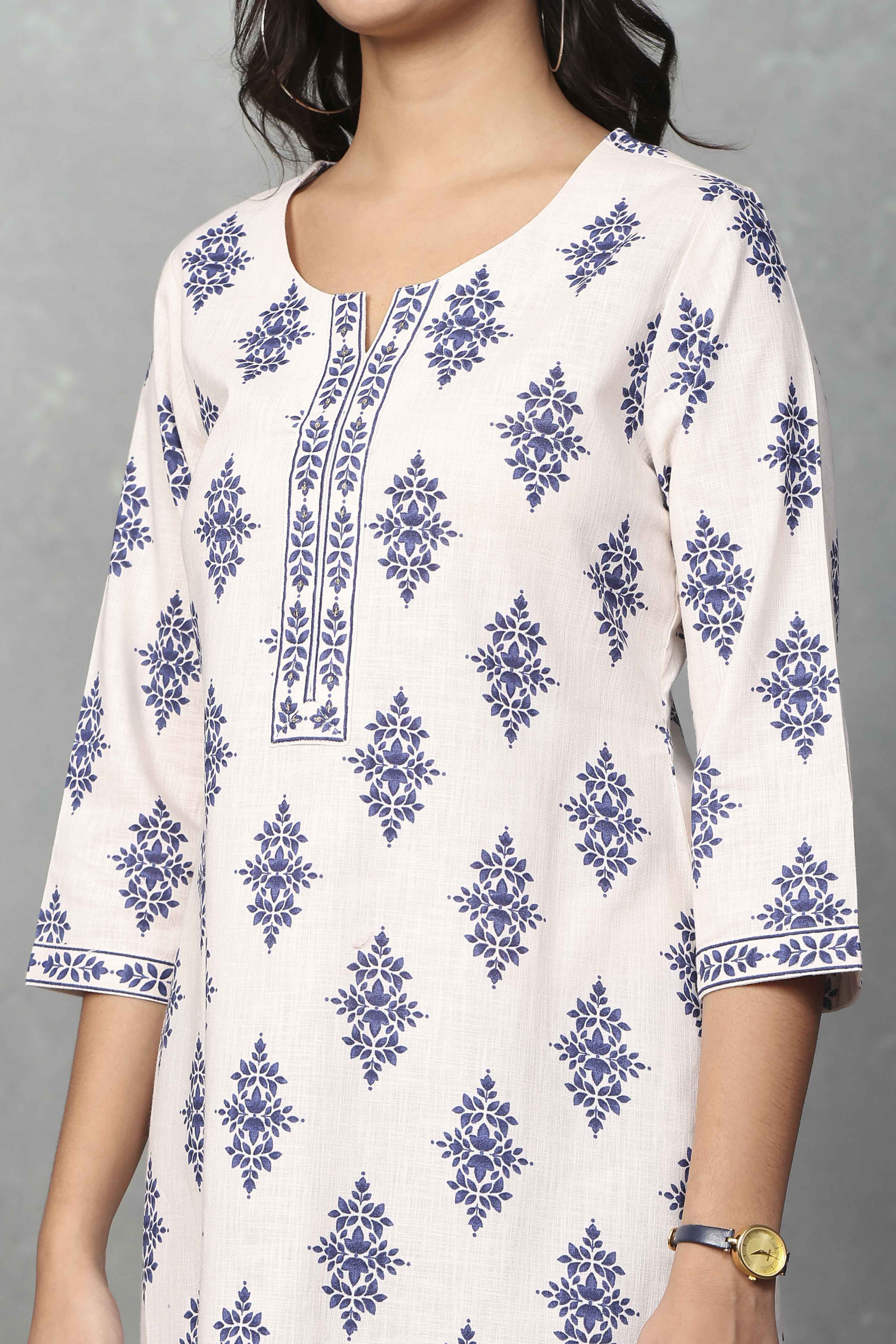 Off-White Cotton Printed Straight Kurta image number 1