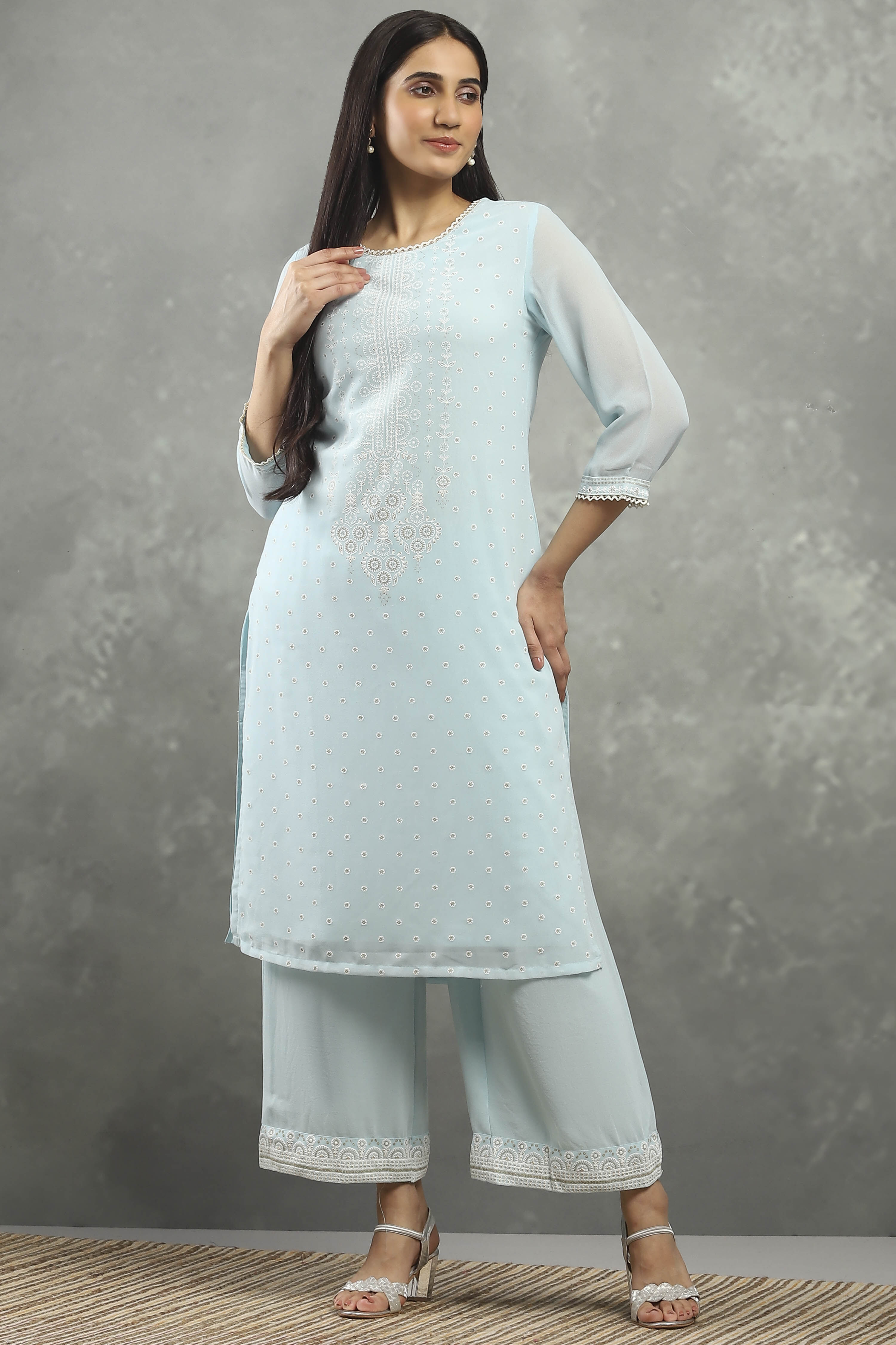 Blue Viscose Straight Kurta Pants Set image number 6