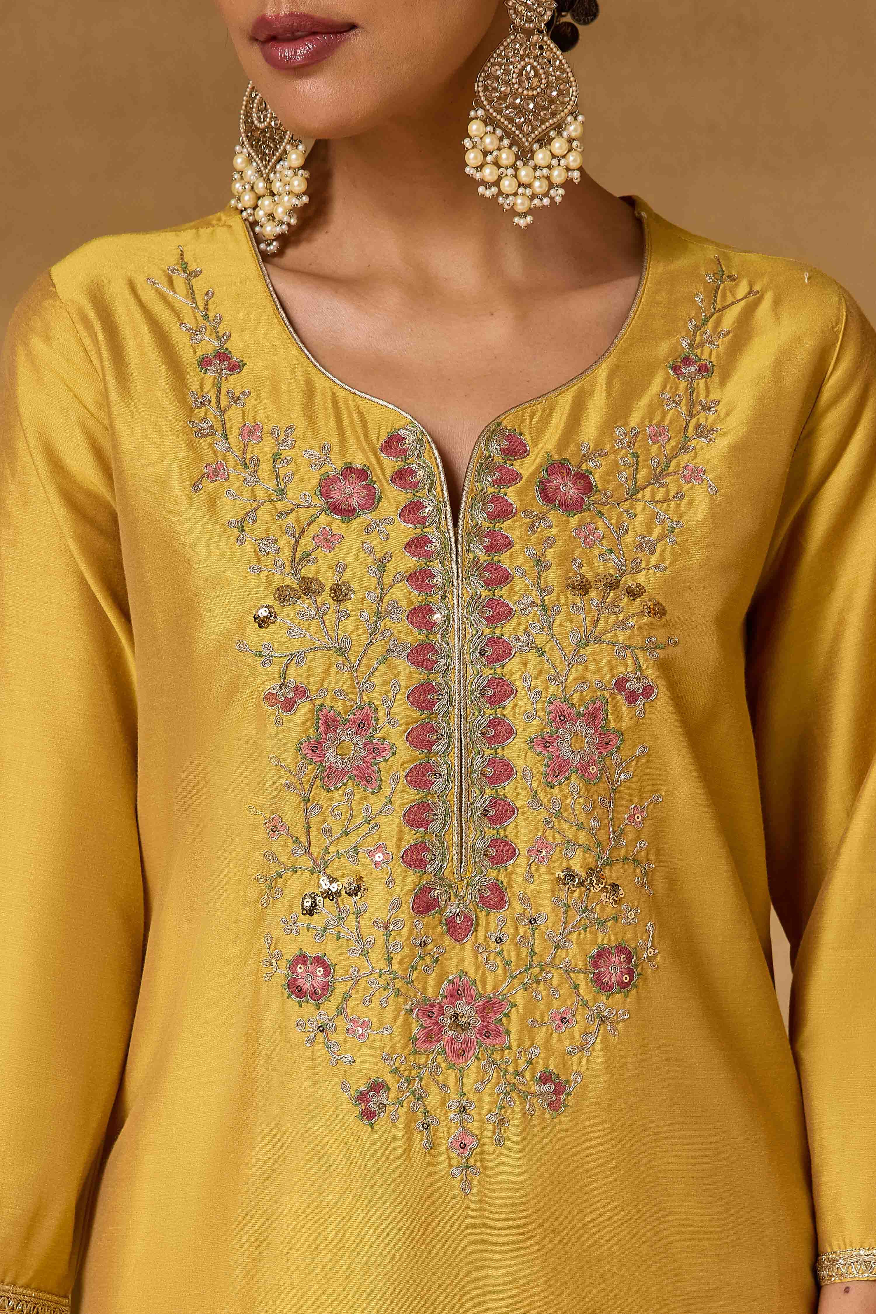 Yellow Viscose Blend Straight Solid Suit Set image number 1