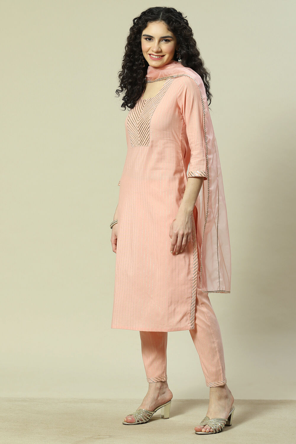 Peach Viscose Woven Straight Kurta Suit Set image number 5