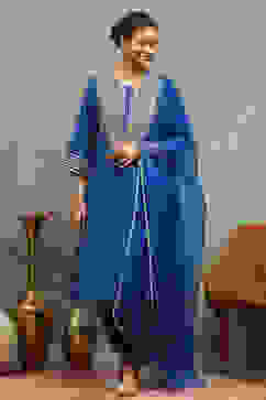 Blue Viscose Blend Embroidered Kalidar Suit Set image number 3