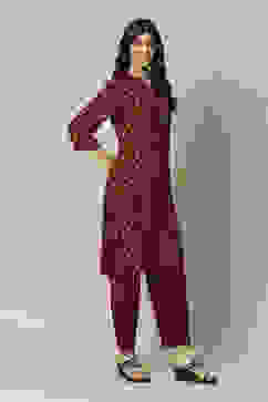 Red Cotton Blend Straight Printed Kurta Palazzo Suit Set image number 5