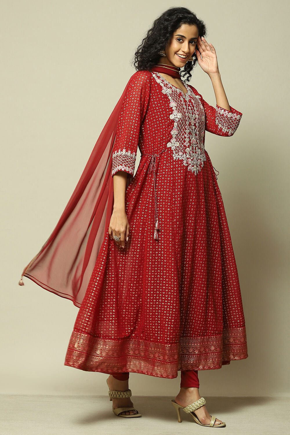 Ecru Polyester Kalidar Printed Kurta Legging Suit Set image number 6