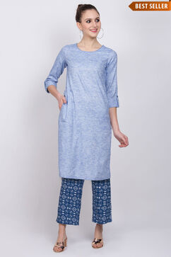 Blue Cotton Straight Suit Set image number 0