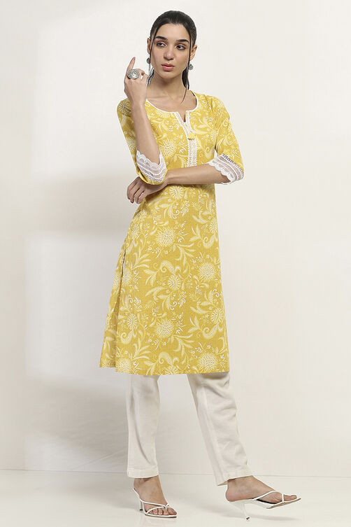 Yellow Cotton Straight Kurta image number 4