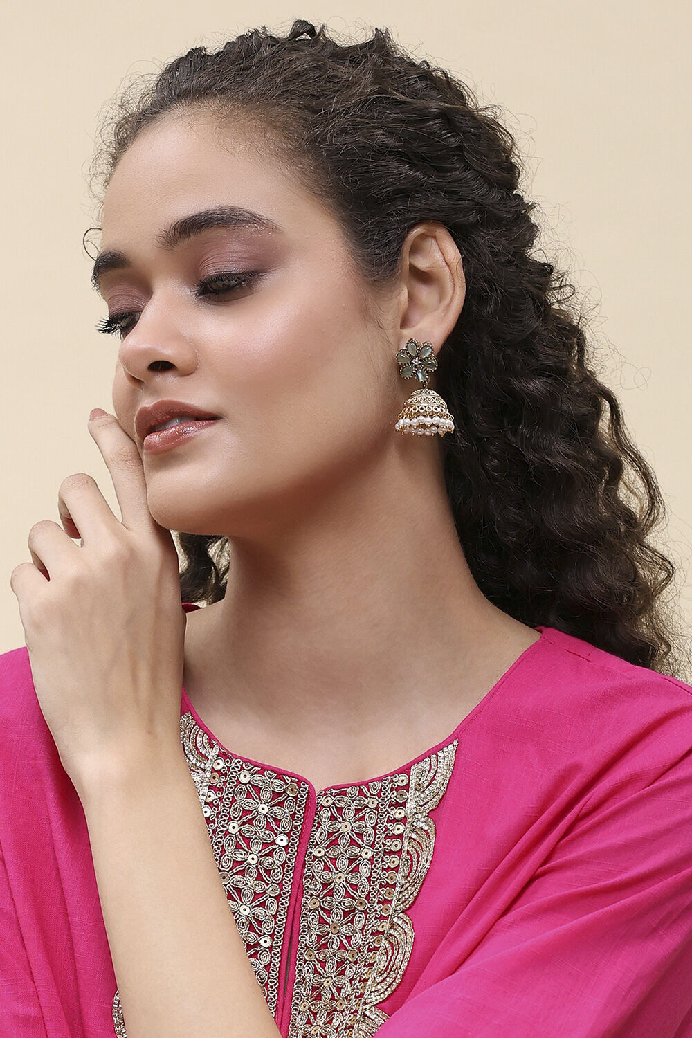 Green Brass Jhumka image number 3