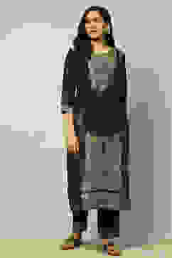 Black Viscose Blend Yarn Dyed Straight Festive Suit Set image number 6