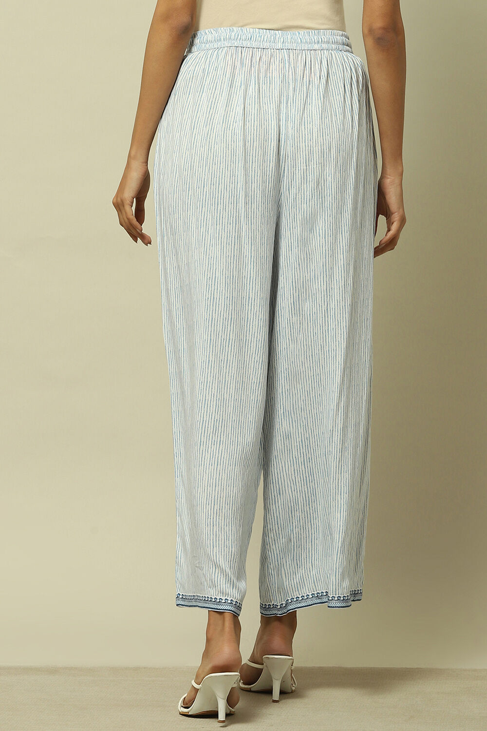 White and Blue Viscose Striped Straight Fit Palazzo image number 4