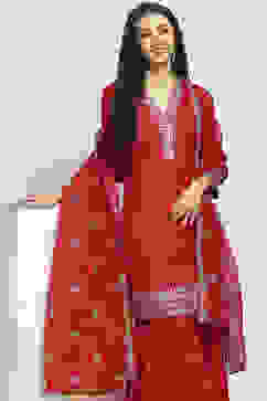 Red Solid Straight Suit Set image number 7