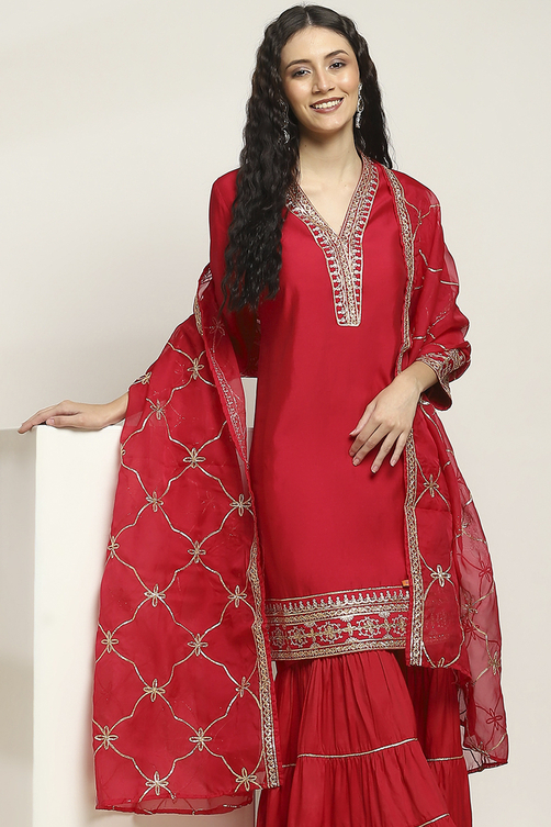 Red Solid Straight Suit Set image number 7