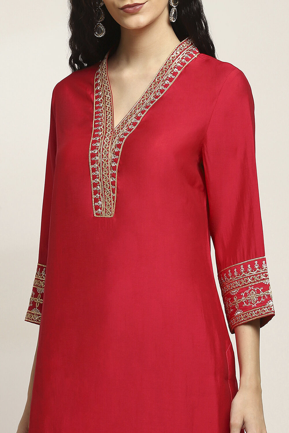 Red Solid Straight Suit Set image number 1