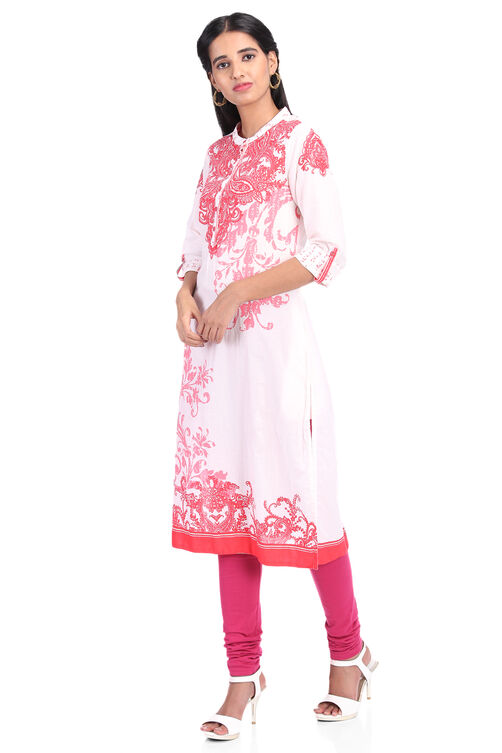 Off White & Blue Cotton Straight Kurta image number 3