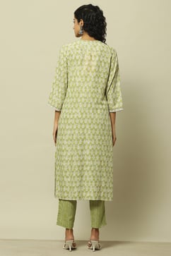 Green Printed Straight Kurta & Pants Suit Set image number 5