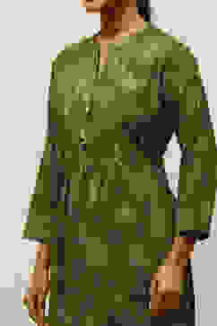 Green Viscose Blend Gathered Printed Kurta Salwar Suit Set image number 1