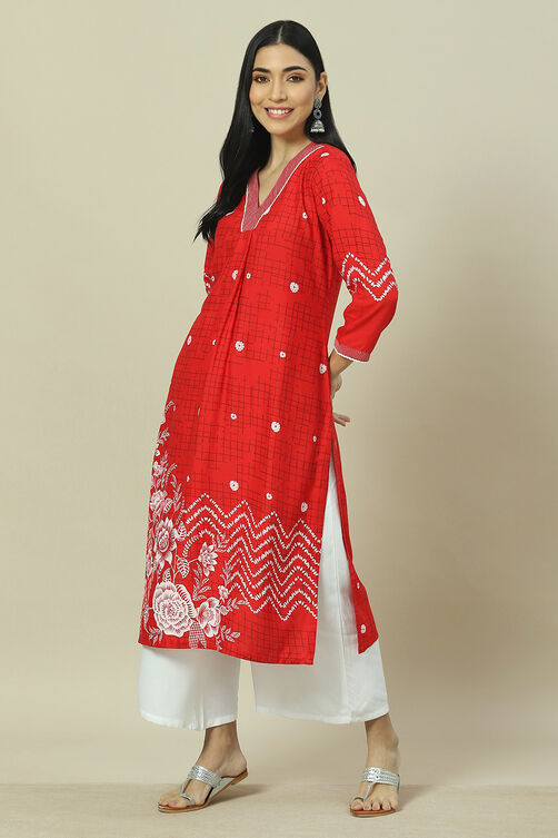 Red LIVA Straight Kurta image number 0