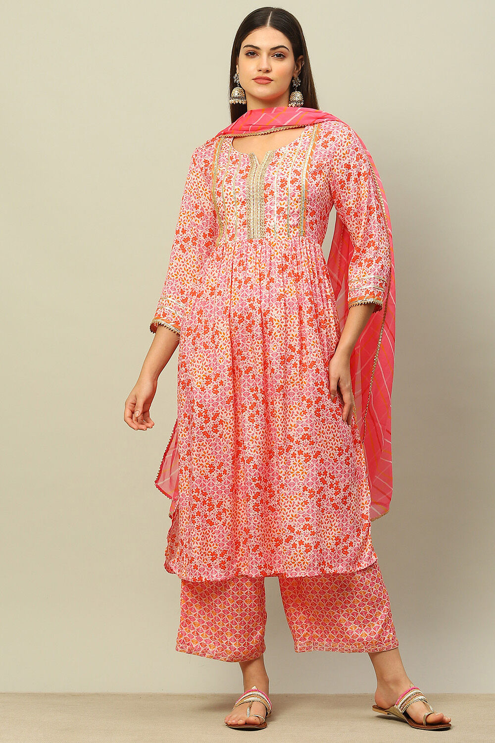 Orange Viscose Muslin Straight Printed Kurta Palazzo Suit Set image number 0