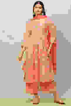 Orange Viscose Muslin Straight Printed Kurta Palazzo Suit Set image number 0