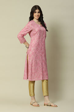 Pink LIVA Straight Printed Kurta image number 3