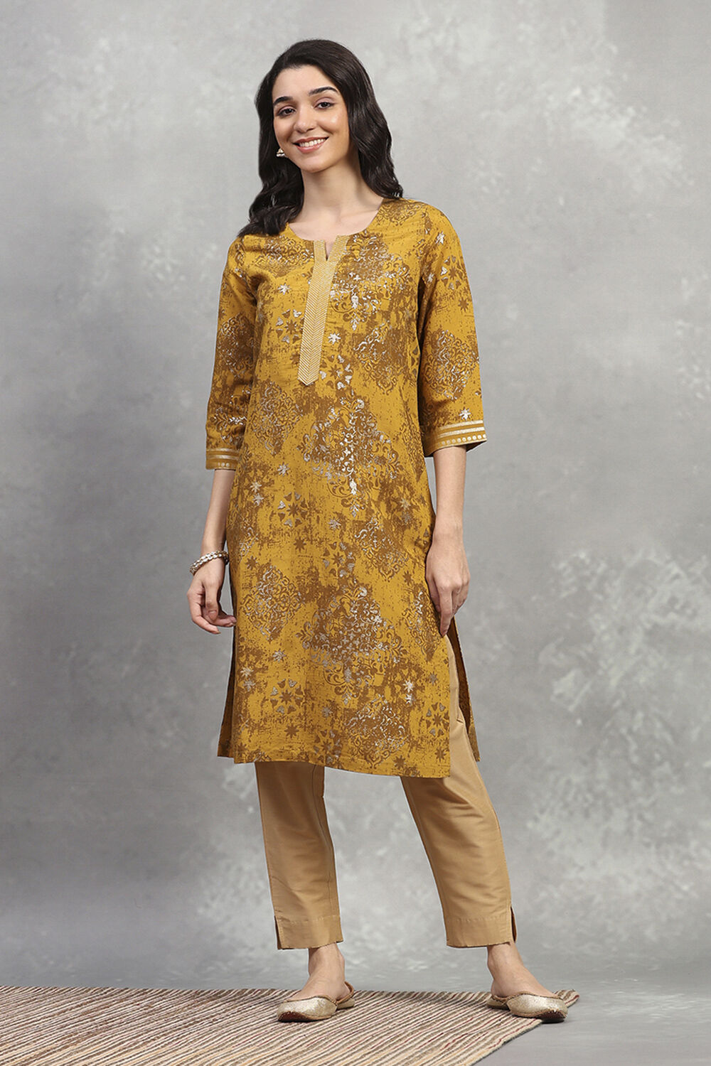 Yellow Viscose Blend Printed Straight Kurta image number 5