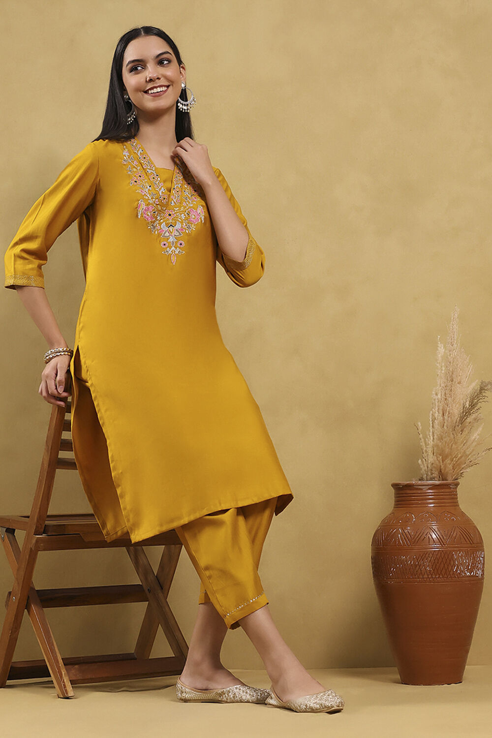 Mustard Polyester Solid Straight Kurta Pants Set image number 0