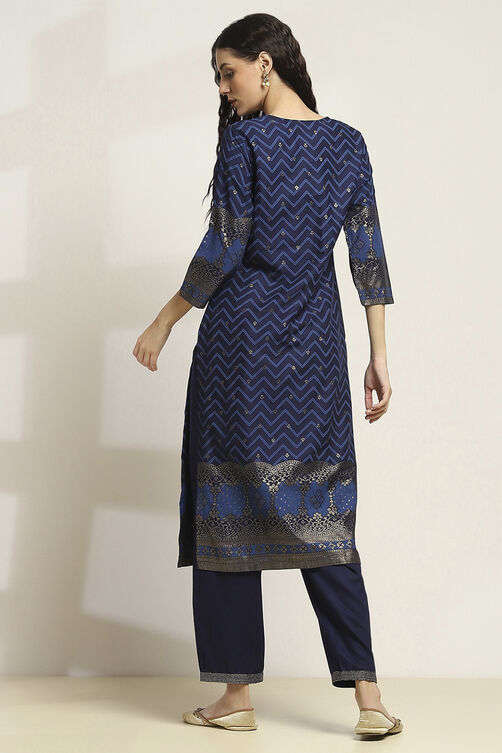 Indigo Viscose Rayon Printed Straight Kurta Pants Set image number 4