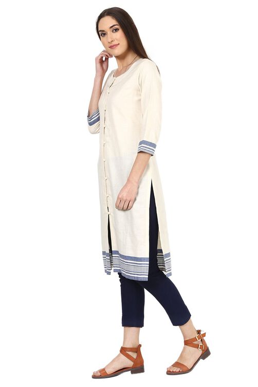 Off White Straight Cotton Kurta image number 2