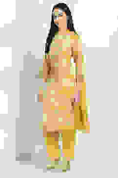 Yellow Cotton Floral Straight Suit Set image number 3