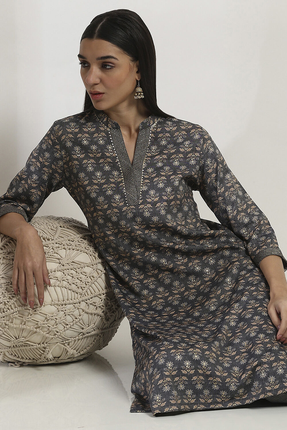 Navy Blue Printed Straight Kurta Set image number 7
