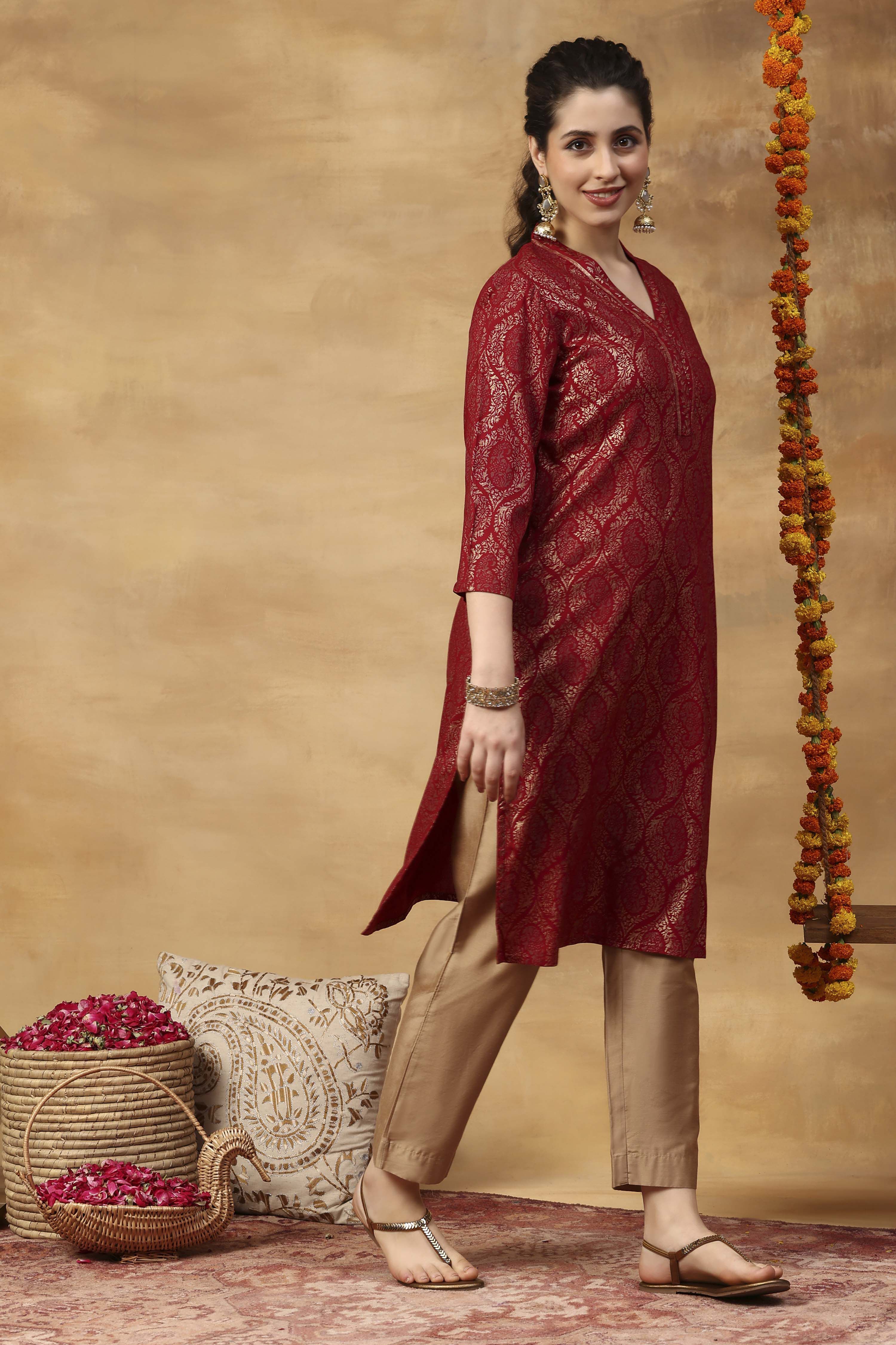 Red Printed Viscose Rayon Straight Kurta image number 3