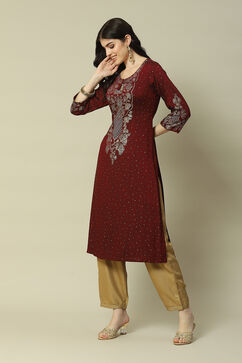 Maroon Poly Viscose Straight Printed Kurta image number 2