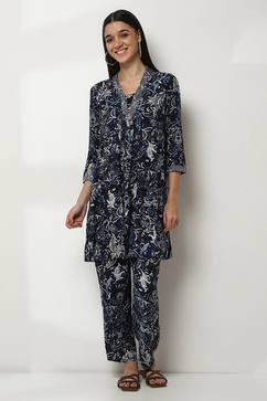 Navy Blue Printed Straight Co-ord Set image number 6