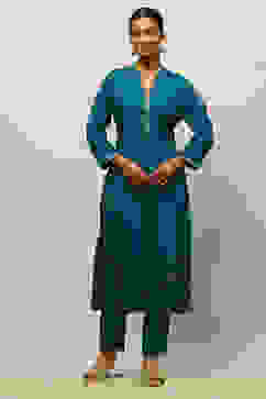 Teal Blue Rayon Straight Printed Kurta Salwar Pants Suit Set image number 0