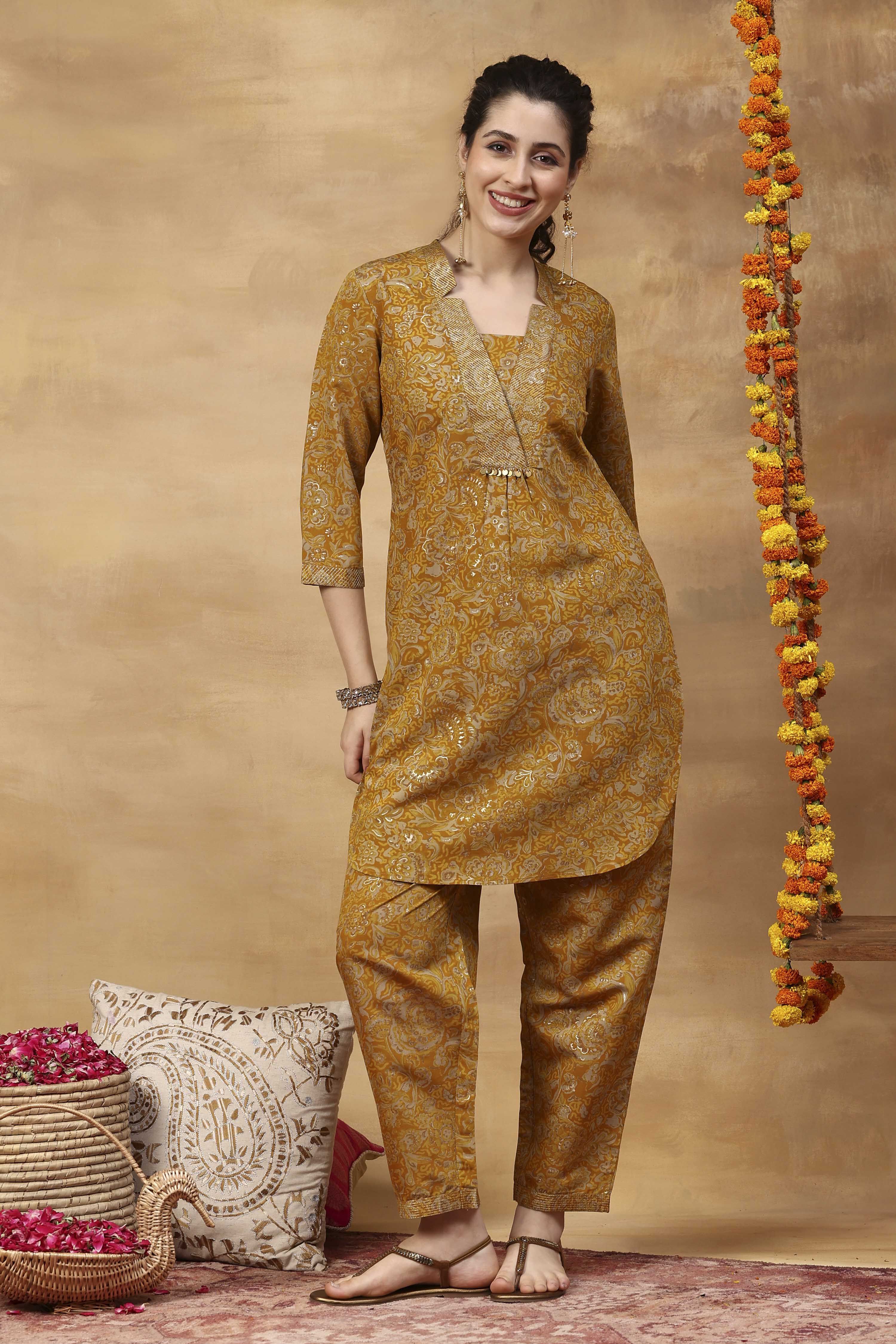 Yellow Viscose Blend A-Line Printed Kurta Pants Set image number 6