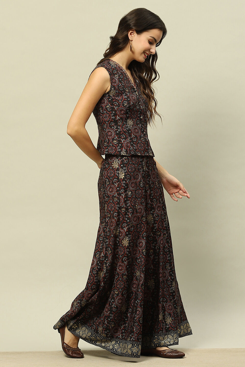 Black Viscose Blend Straight Printed Kurta Palazzo Suit Set image number 5