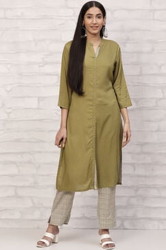 Olive Green Straight Printed Suit Set image number 0
