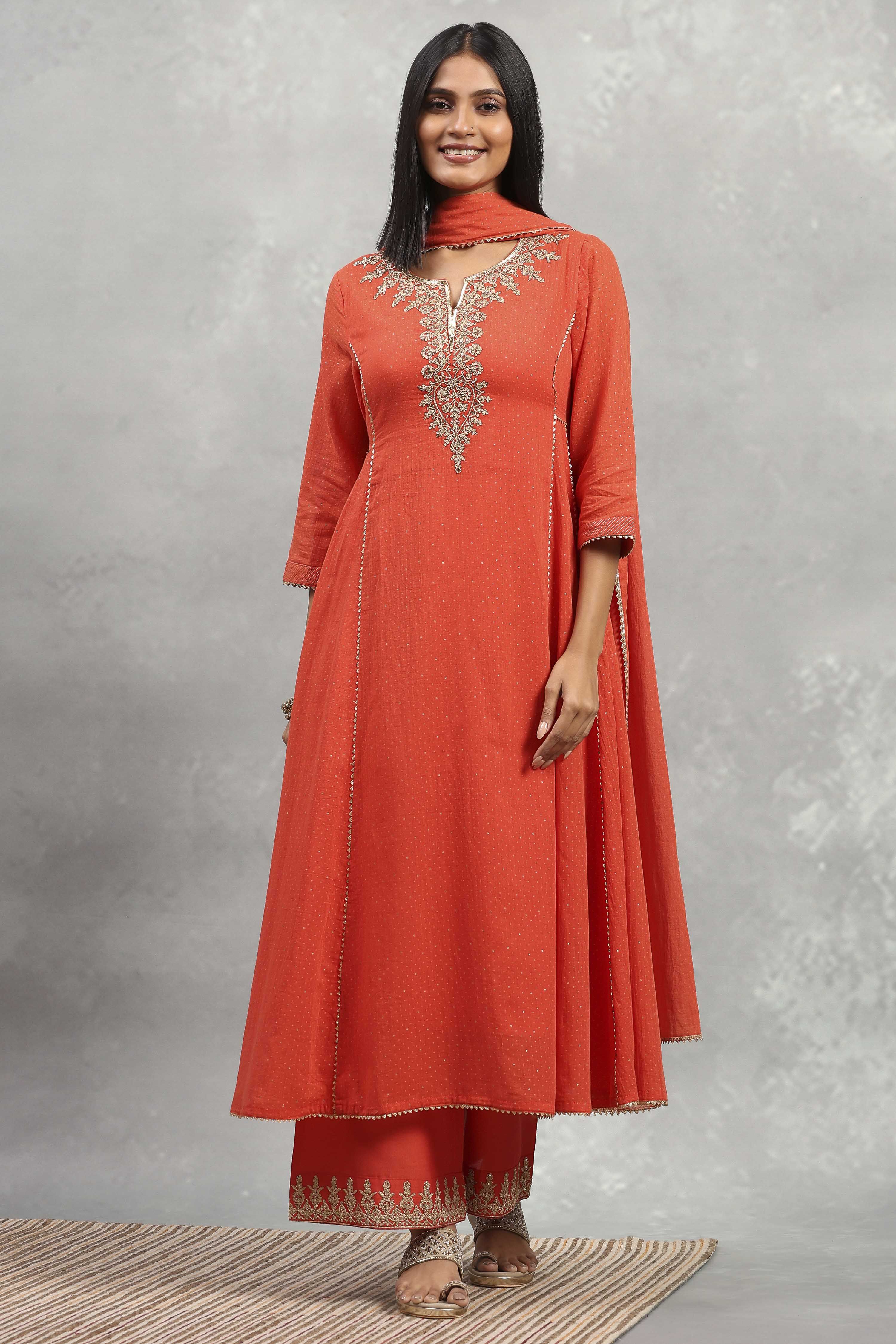 Orange Cotton Printed Kalidar Suit Set image number 6