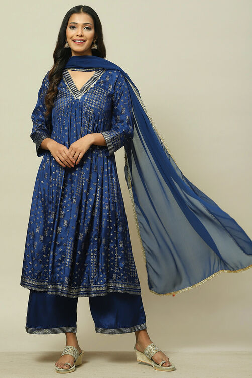 Indigo LIVA Woven Tired Kurta Suit Set image number 0