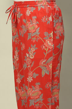 Red Cotton Lurex Floral Printed Straight Suit Set image number 2