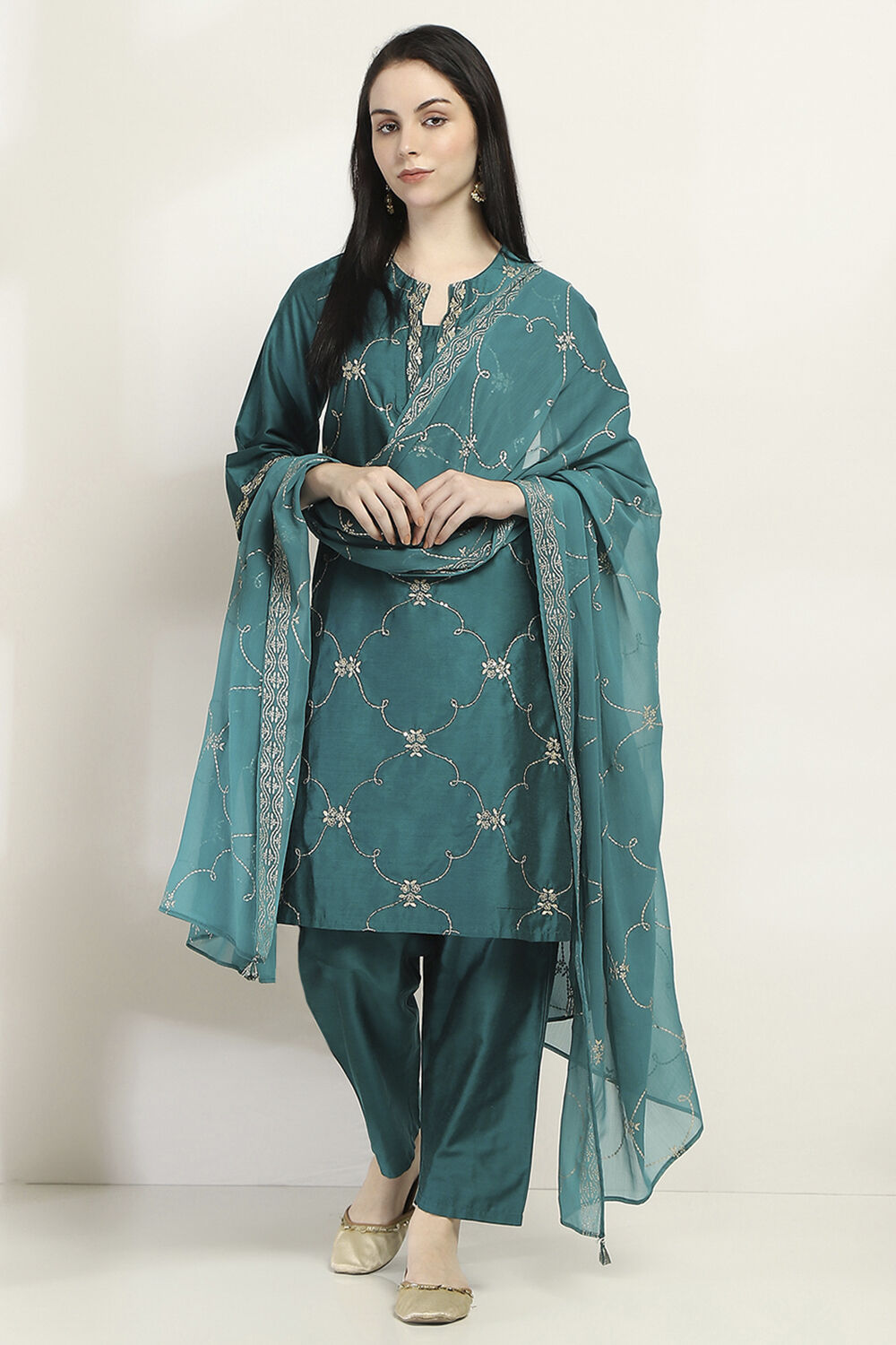 Purple Embroidered Straight Suit Set image number 0