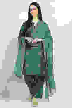 Teal Embroidered Straight Suit Set image number 0