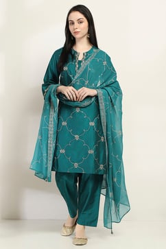 Teal Embroidered Straight Suit Set image number 0